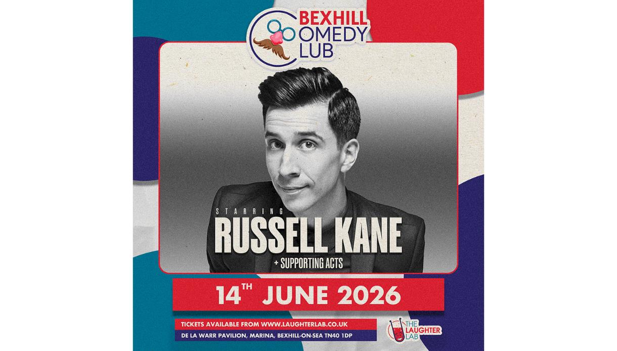 Poster advertising a Bexhill Comedy Club show, featuring a black-and-white portrait and text for a stand-up event on 14 June 2026.