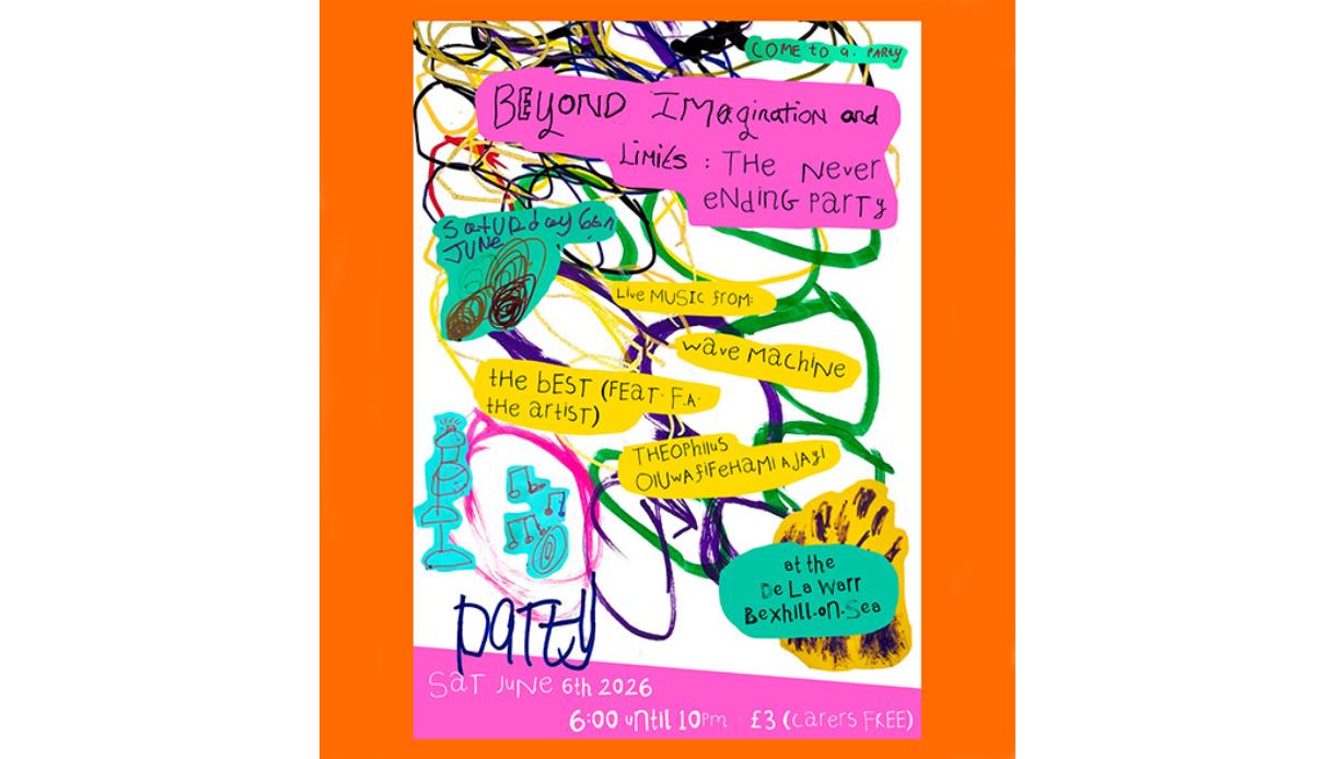 Colourful hand-drawn poster with playful text and doodles promoting a music and arts event at De La Warr Pavilion.