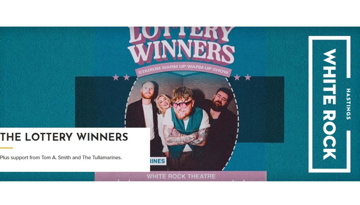 Promotional banner for The Lottery Winners concert at White Rock Theatre, Hastings, showing the band against a teal background.
