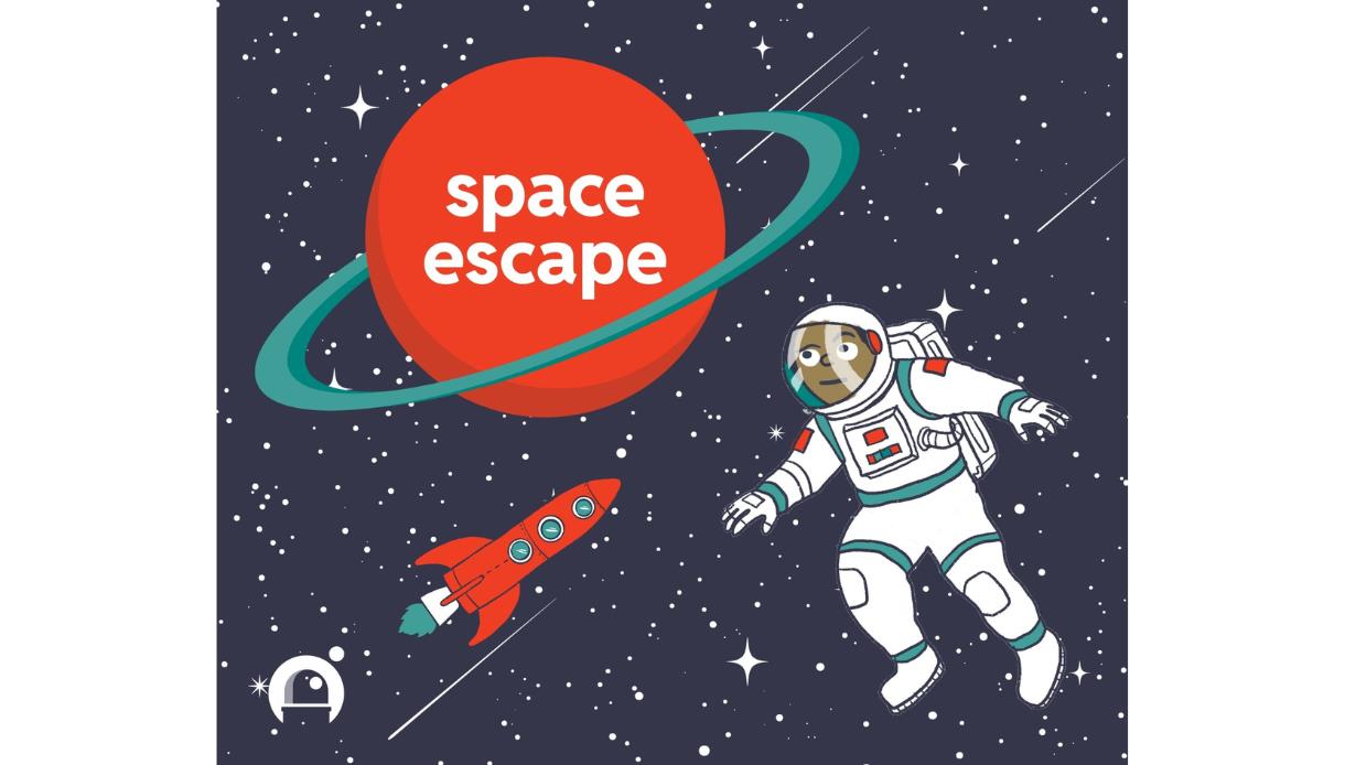 Illustration of an astronaut floating in space near a red planet labelled ‘space escape’ and a small red rocket.