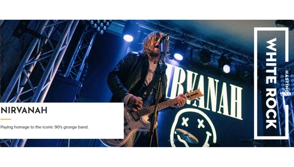 Live performance image for Nirvanah (tribute) at White Rock Theatre, showing a guitarist singing on stage