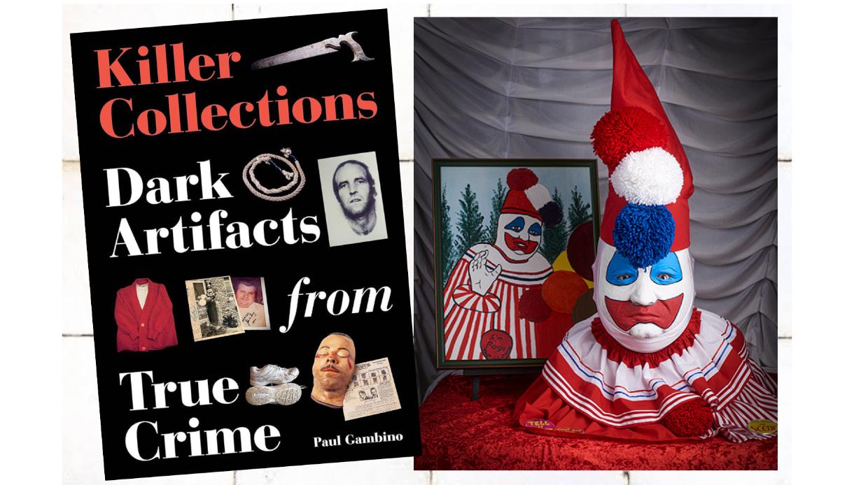Promotional image for Bloody Bingo at the True Crime Museum, featuring true crime artefacts and a painted clown display.