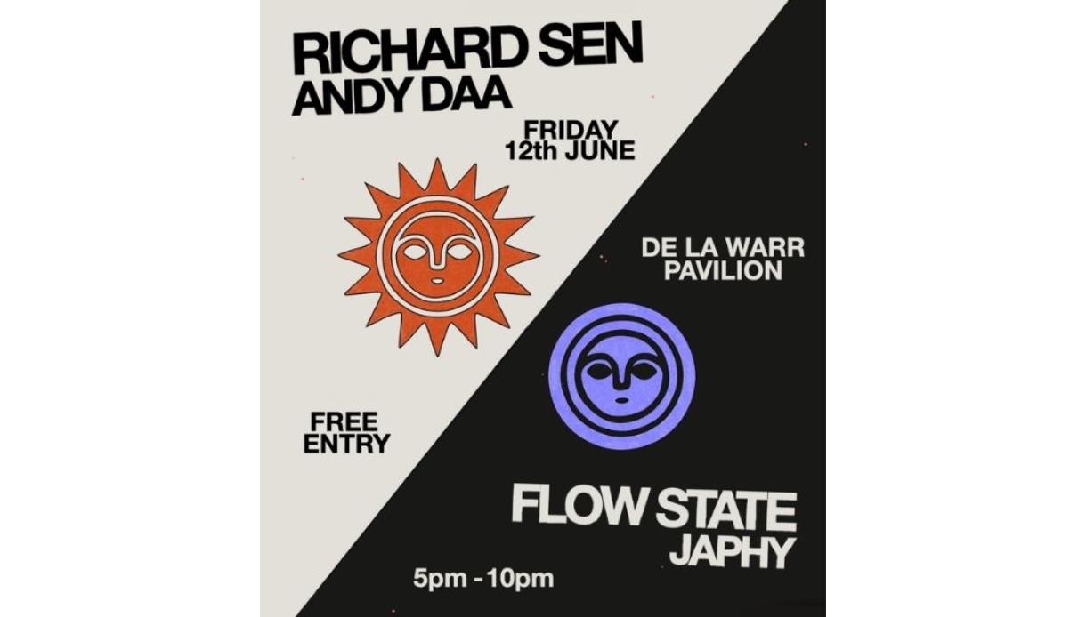Event poster for Richard Sen and Andy Daa at De La Warr Pavilion, with sun and moon graphics, date and free entry details.