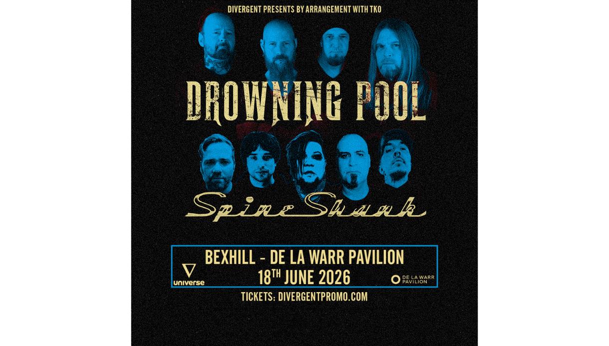 Concert poster for Drowning Pool with support from SpineShank, showing band portraits and event details at De La Warr Pavilion, June 2026.