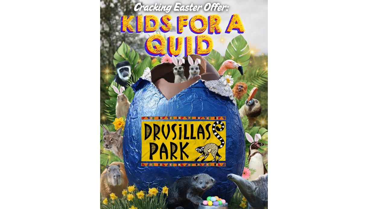 Easter-themed Drusillas Park poster with animals surrounding a large blue egg decorated with the park’s logo.