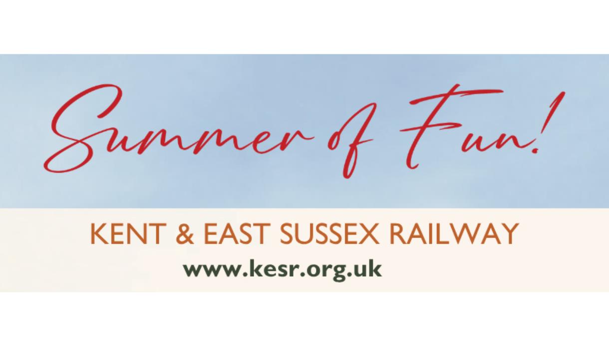 Banner reading “Summer of Fun!” with “Kent & East Sussex Railway” and website www.kesr.org.uk on a pale sky background.
