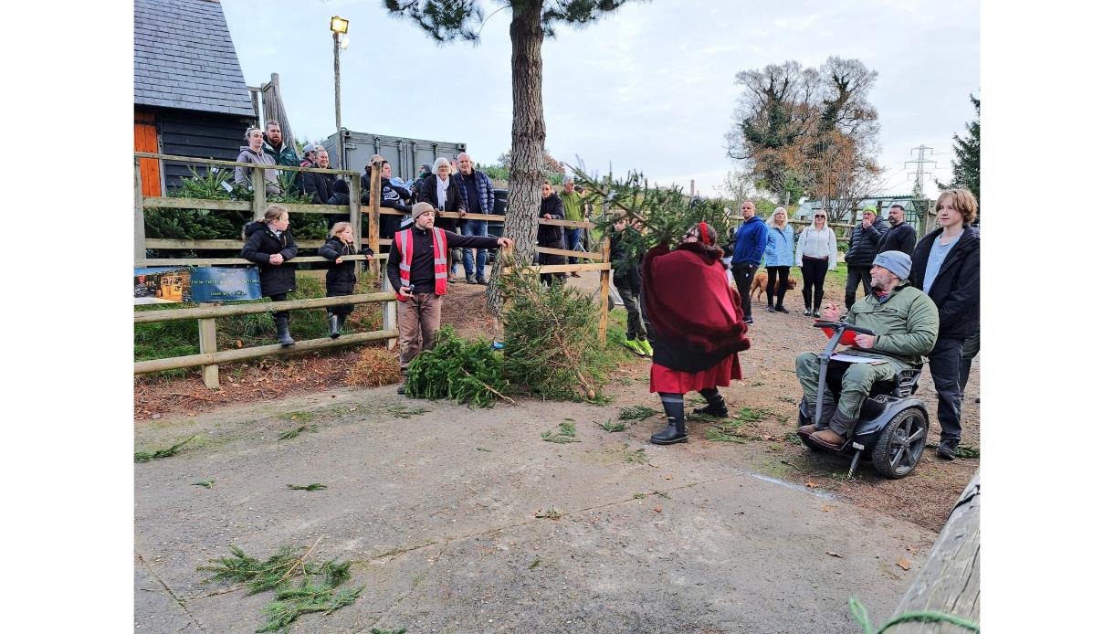 Participants and spectators gather outdoors for the Catsfield Christmas Tree Fling, where recycled trees are thrown in competition.