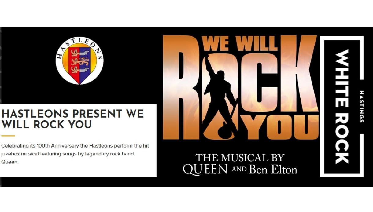 Promotional banner for We Will Rock You, the Queen and Ben Elton musical, presented by Hastleons at White Rock Theatre, Hastings