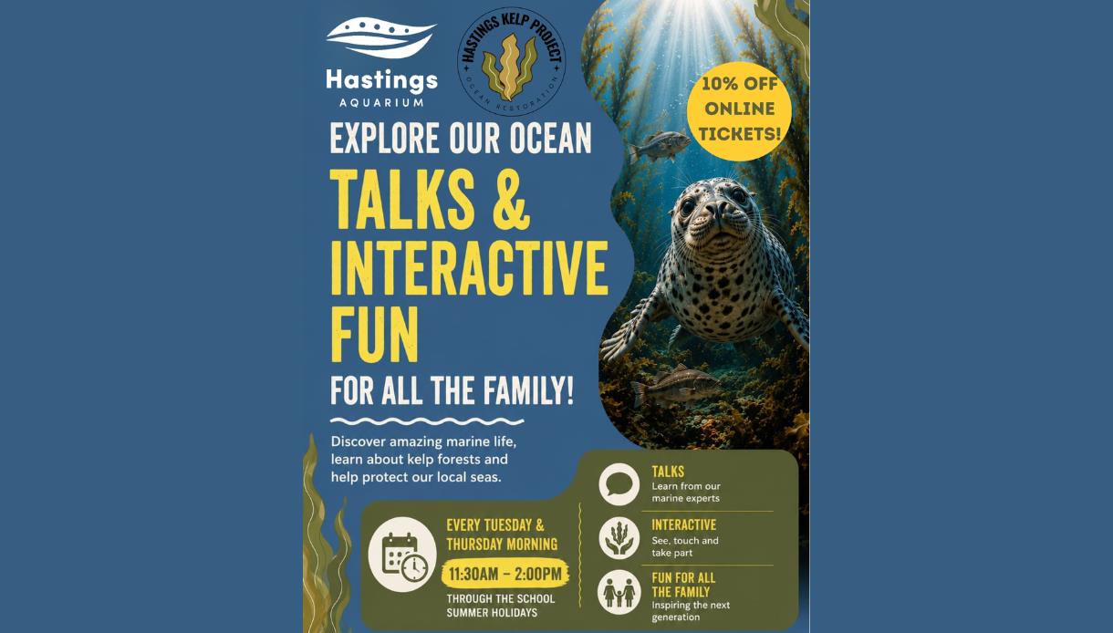 Hastings Aquarium and Hastings Kelp Project poster promoting family ocean talks, interactive activities and discounted tickets.