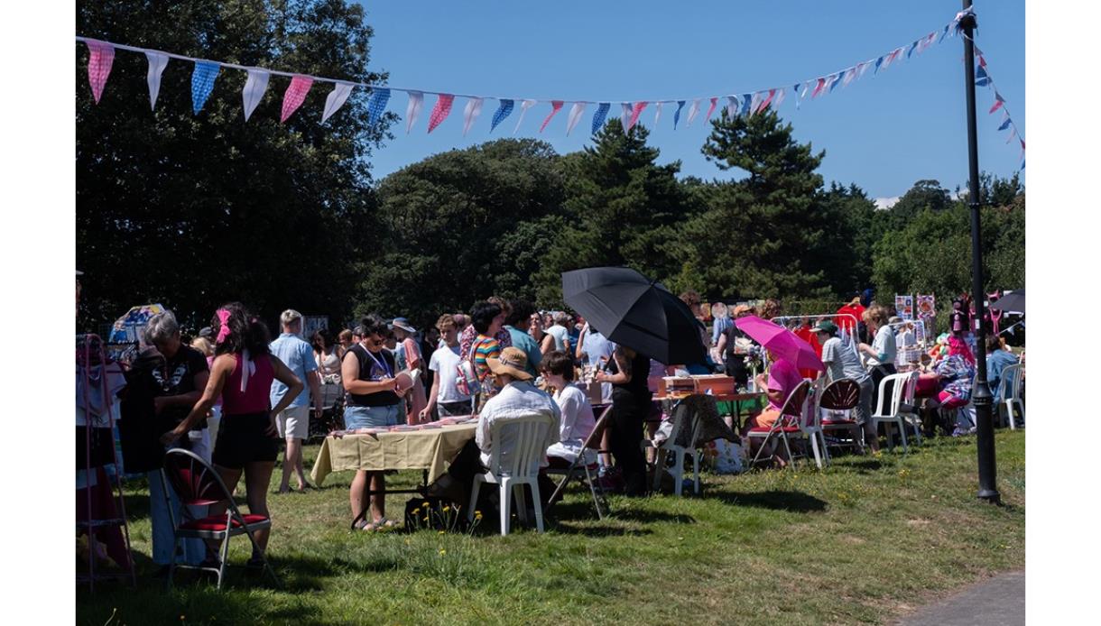 Outdoor Trans Pride Fest at Hastings Museum and Gallery with crowds, bunting, stalls and seating on a sunny grassy lawn.