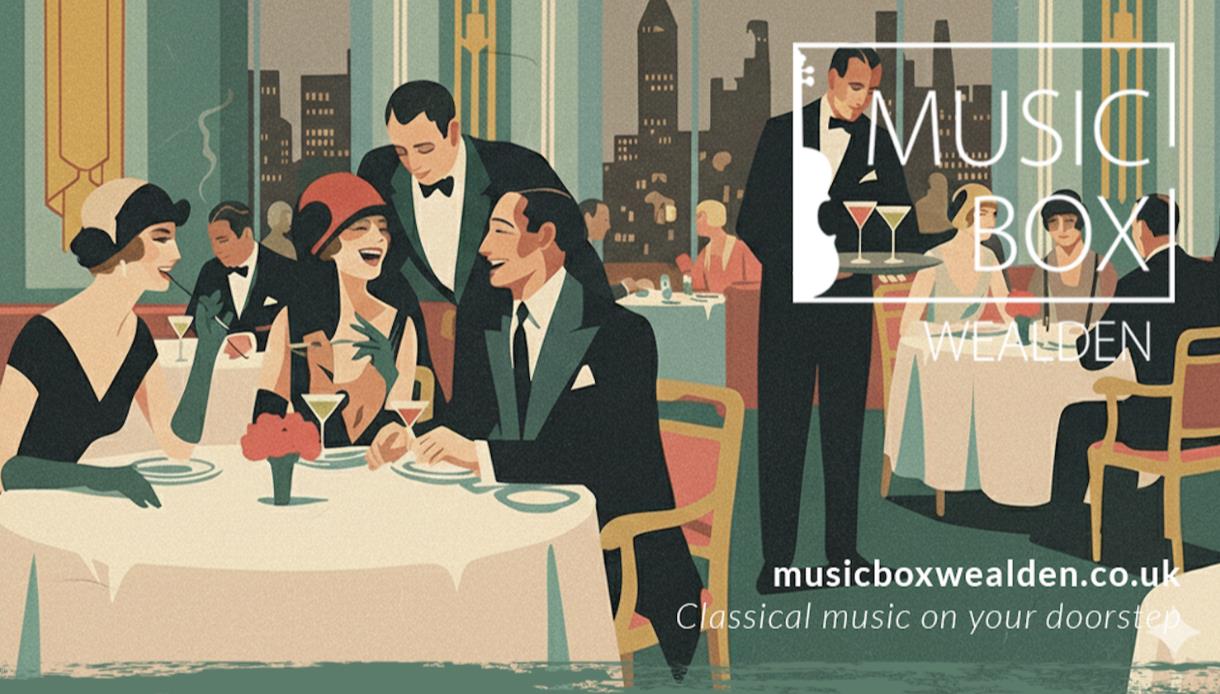 Illustrated art‑deco style scene of elegantly dressed diners enjoying drinks and music, promoting Music Box Wealden.