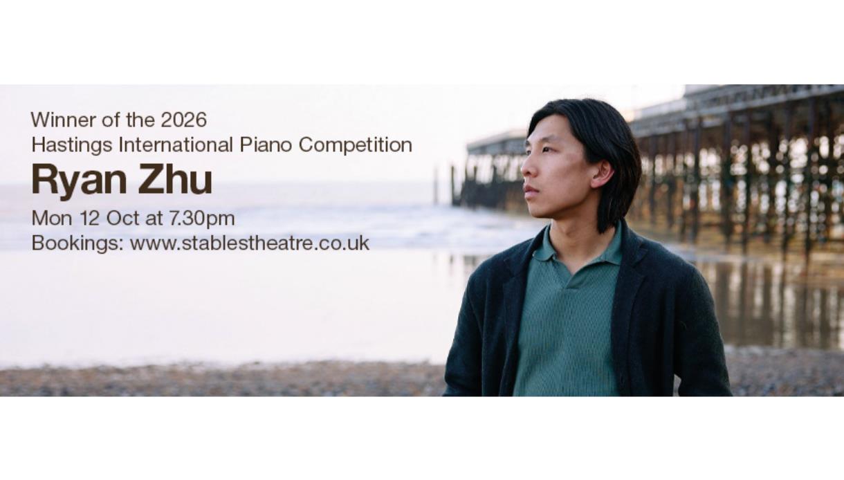 Promotional banner for pianist Ryan Zhu, winner of the 2026 Hastings International Piano Competition.