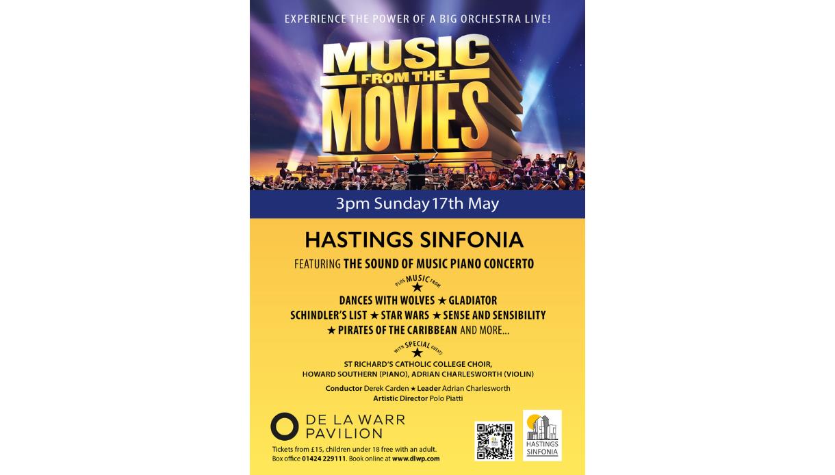 Poster advertising “Music from the Movies” by Hastings Sinfonia at De La Warr Pavilion, featuring a large orchestra on stage.