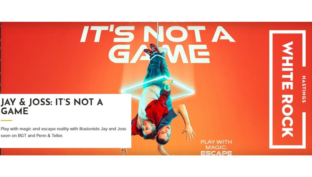 Promotional image for Jay and Joss: It’s Not a Game at White Rock Theatre, showing illusionists suspended upside down