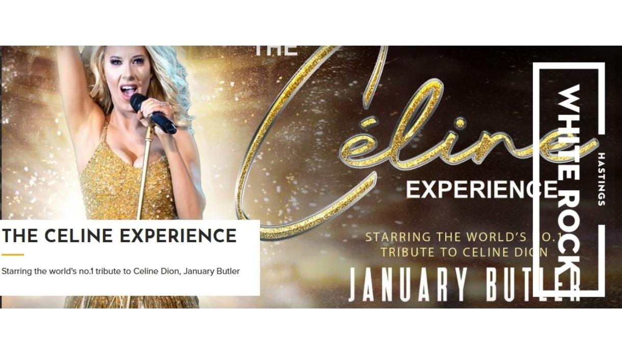 Promotional image for The Celine Experience at White Rock Theatre, showing a singer performing in a gold dress with show title text.