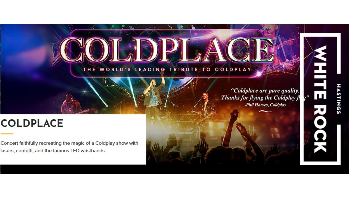 Promotional image for Coldplace at White Rock Theatre, showing a tribute band performing on stage with lasers, crowd silhouettes and event title.