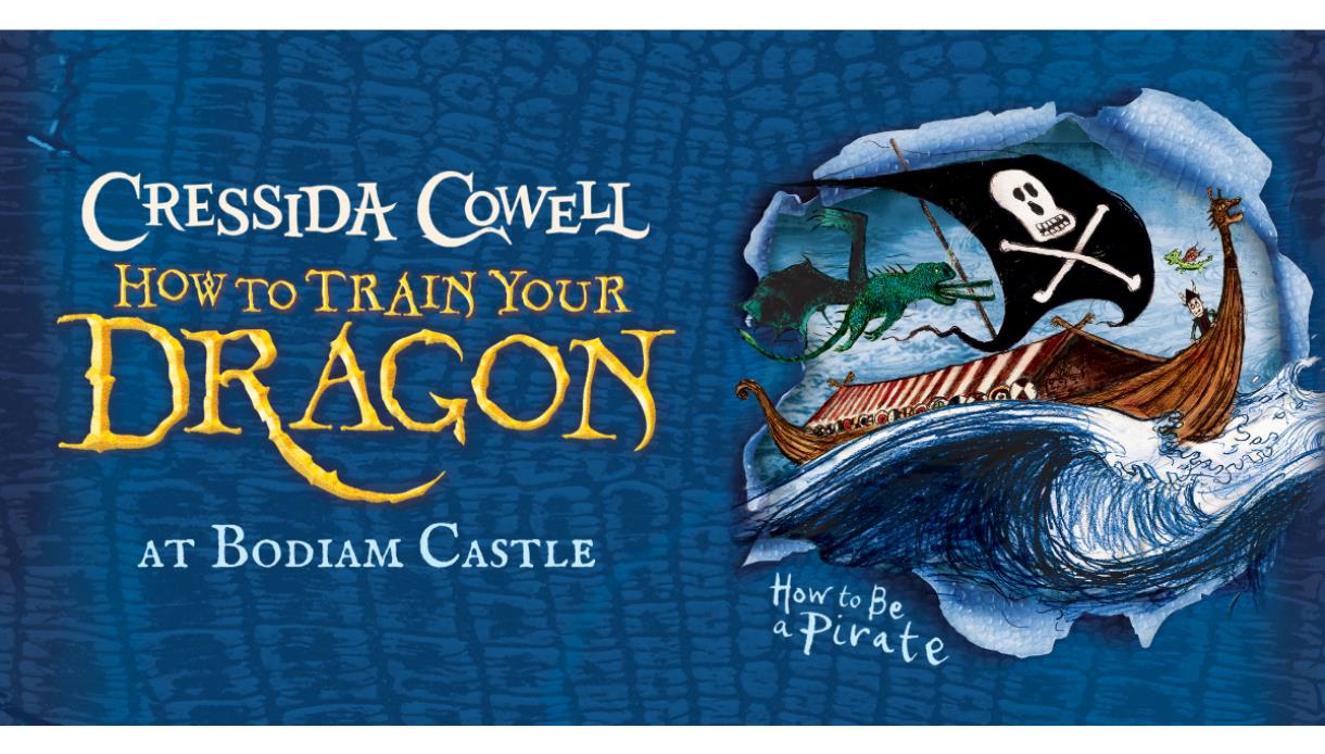 Illustrated banner for Cressida Cowell’s How to Train Your Dragon at Bodiam Castle, featuring a Viking ship, dragon and waves.