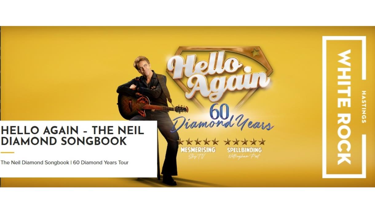 Promotional graphic for Hello Again - The Neil Diamond Songbook, showing a performer with guitar on a yellow background with tour branding