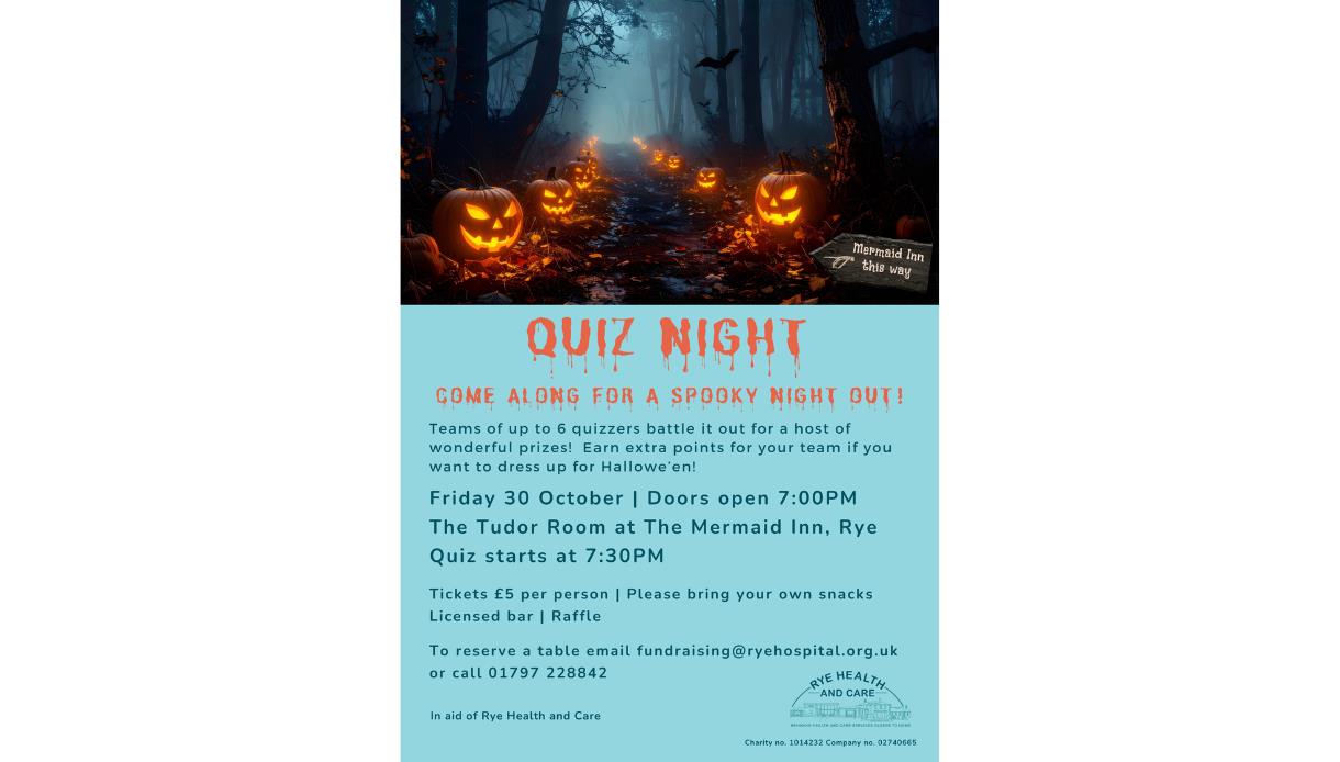 Halloween quiz night poster with glowing jack-o'-lanterns in a spooky forest, raising funds for Rye Health and Care.