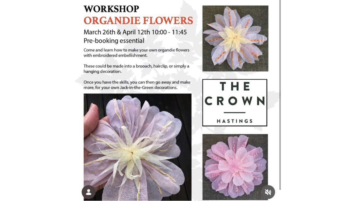 Workshop poster featuring organdie flower crafts, event details, and examples of handmade fabric flowers