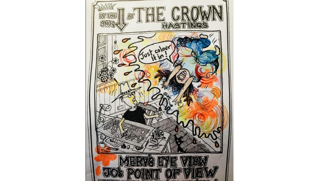 Colourful illustrated poster for the Merv + Jo Art Exhibition, featuring whimsical pen-and-ink artwork and comic-style design.