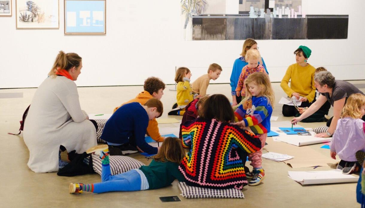 Families taking part in a creative workshop during a Family Day event at Hastings Contemporary gallery.