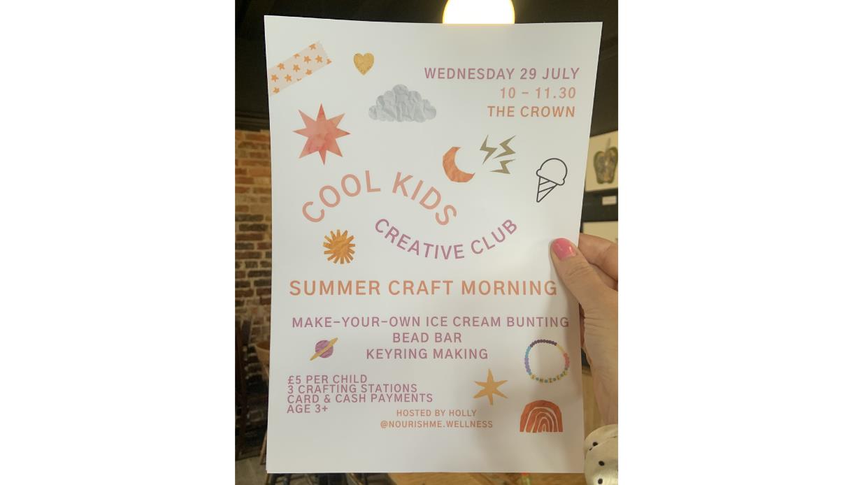 Flyer for Cool Kids Creative Club Summer Craft Morning, featuring ice cream bunting, bead bar and keyring making
