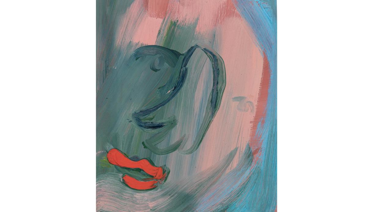 Abstract painted portrait with soft pink, blue and green brushstrokes, promoting Back to Ours at Hastings Contemporary.