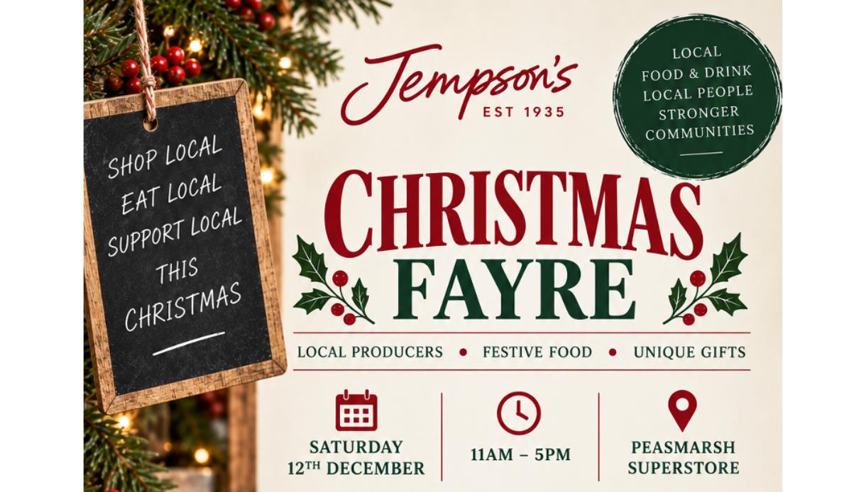 Jempson’s Christmas Fayre poster promoting local producers, festive food and gifts at Peasmarsh Superstore, 12 December.