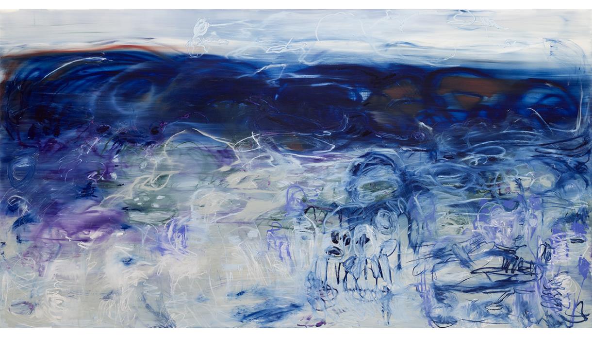 Abstract seascape painting for Janaina Tschäpe exhibition at Hastings Contemporary, with swirling blue, white and violet forms.