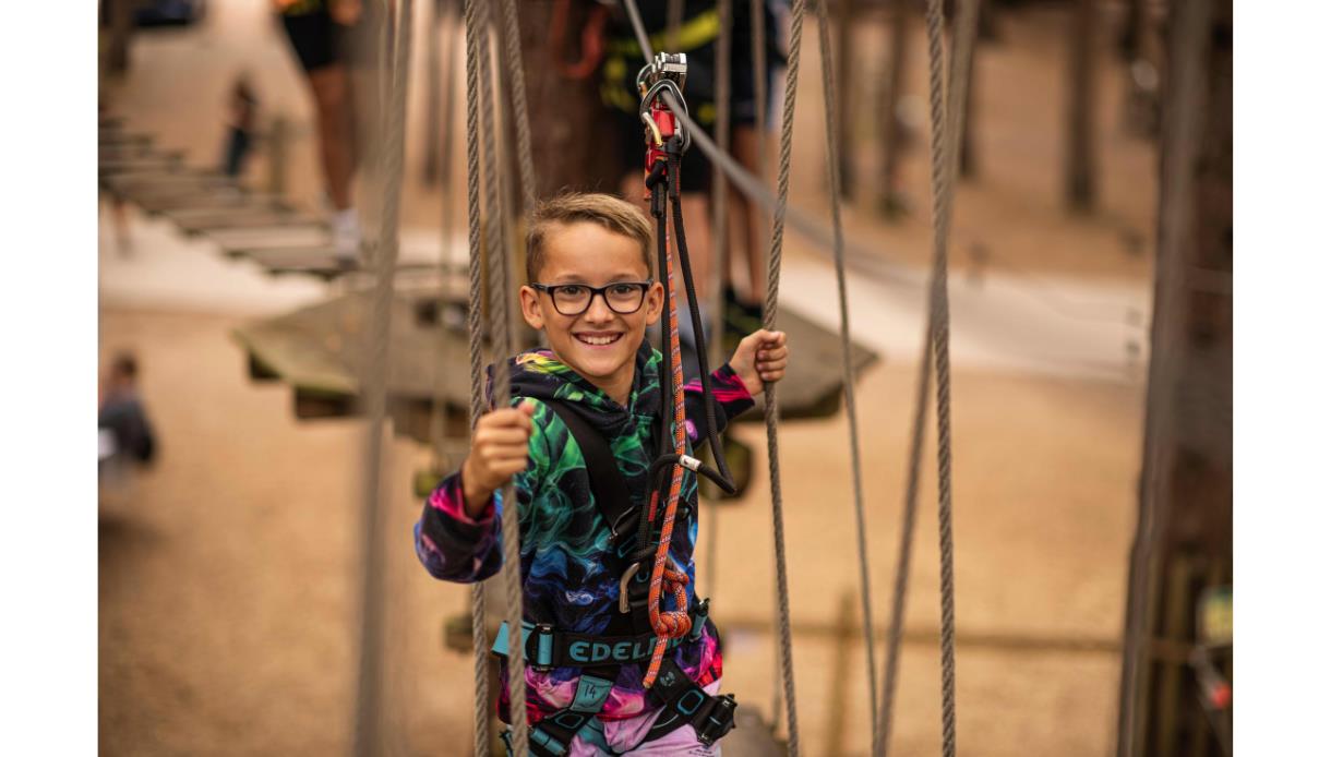 Child navigating a rope bridge at Go Ape Bedgebury, holding onto ropes while in a safety harness.