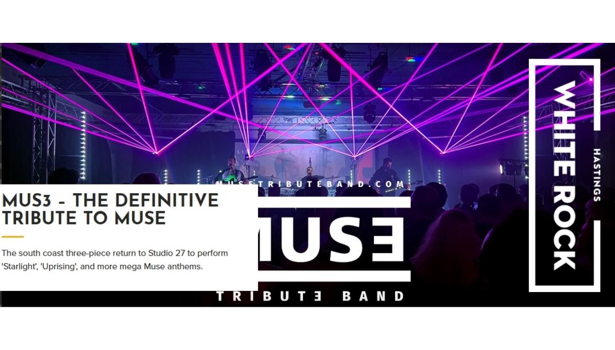 Promotional banner for MUS3, the definitive Muse tribute band, performing live with purple laser lights at White Rock Theatre, Hastings