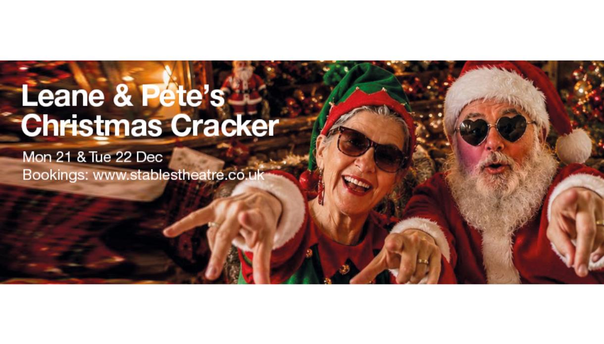 Promotional banner for Leane & Pete’s Christmas Cracker, featuring festive performers in Christmas costumes and sunglasses.