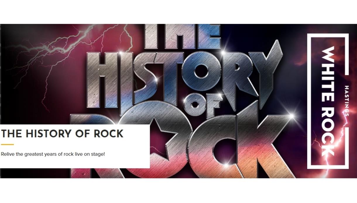 Promotional graphic for The History of Rock at White Rock Theatre, featuring metallic rock-style lettering with lightning effects