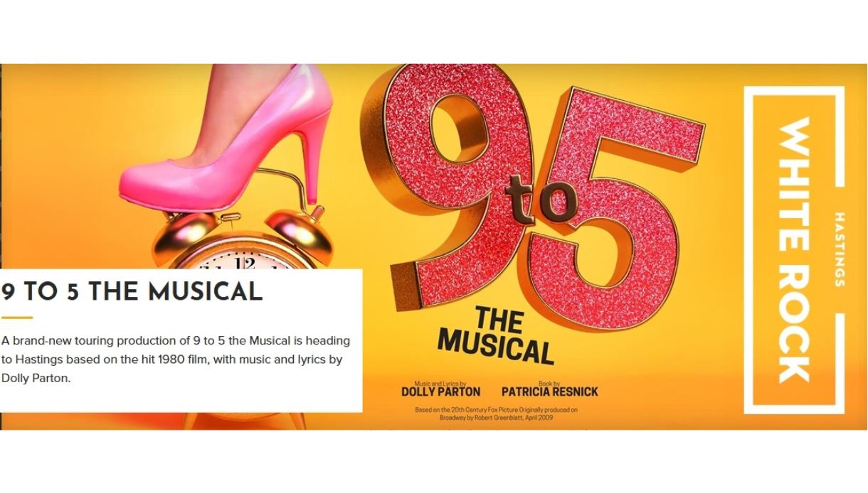 Poster for 9 to 5 The Musical with a pink high heel on an alarm clock against a yellow background, White Rock branding.
