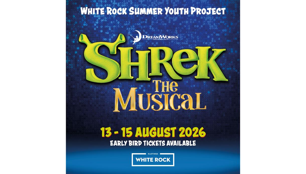 Poster for Shrek The Musical at Hastings White Rock, 13–15 August 2026, with early bird tickets available.