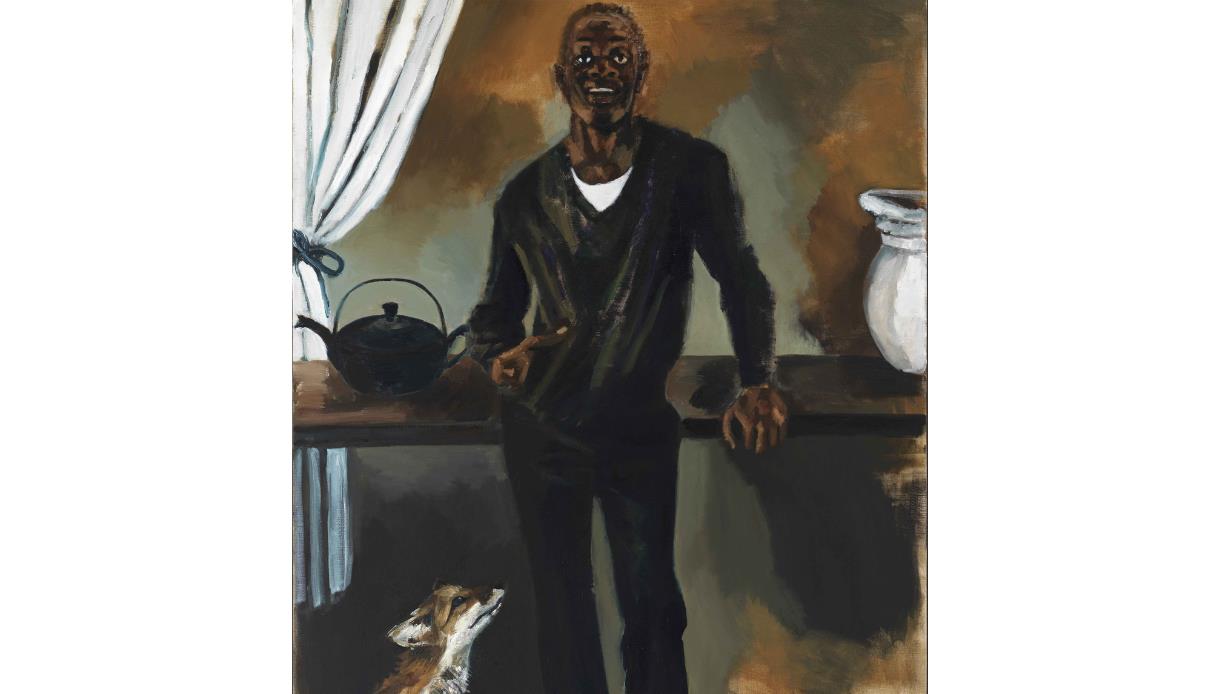 Painting featured in To Improvise A Mountain, showing a standing figure indoors beside a table, with loose brushwork and muted tones.