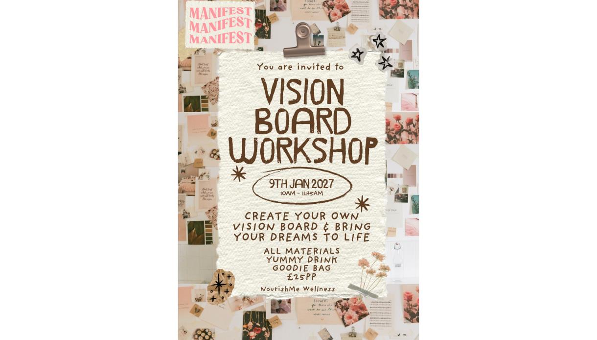 Poster for a Vision Board Workshop, inviting participants to create personal vision boards and set goals for 2027.