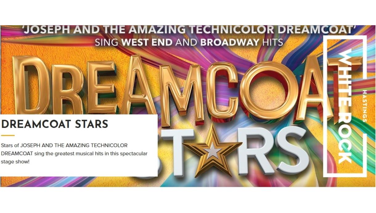 Colourful poster for Dreamcoat Stars, featuring bold gold lettering and rainbow swirls, promoting West End and Broadway hits.