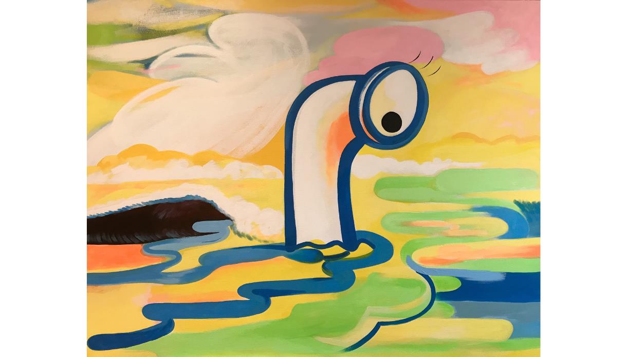 Colourful abstract artwork of a large single eye rising from swirling water in The Open: Odyssey exhibition.