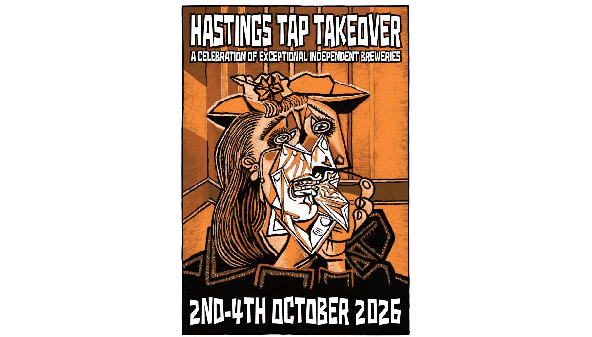 Poster for Hastings Tap Takeover featuring a bold cubist-style portrait and brewery festival dates, 2–4 October 2026.