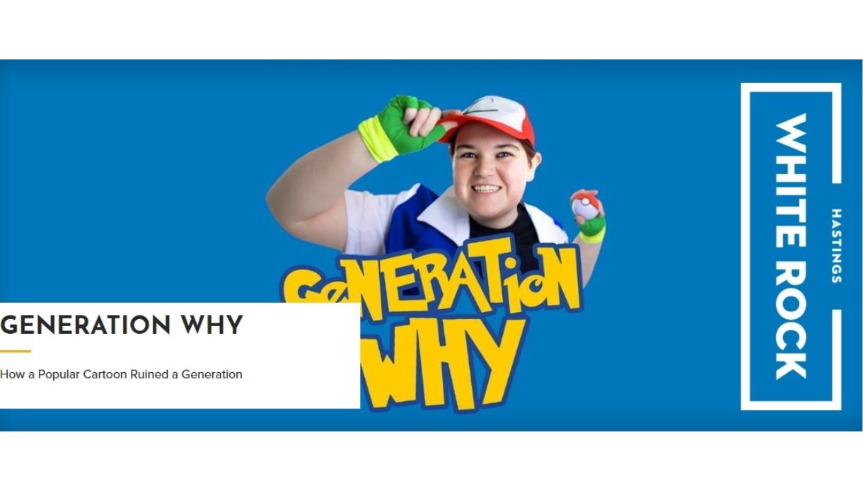 Person dressed as a cartoon trainer holding a themed ball, with ‘Generation Why’ text and White Rock Hastings banner.