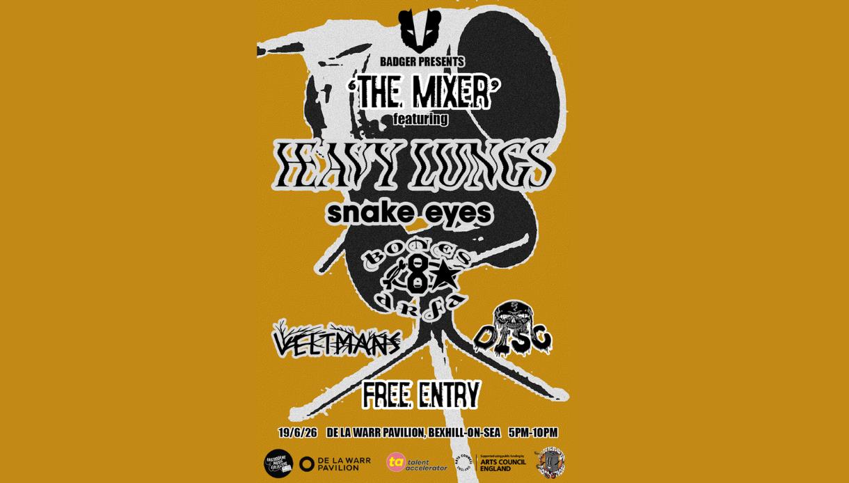 Gig poster for “The Mixer” with Heavy Lungs, Snake Eyes and others, bold black graphics on mustard background, free entry at DLWP.