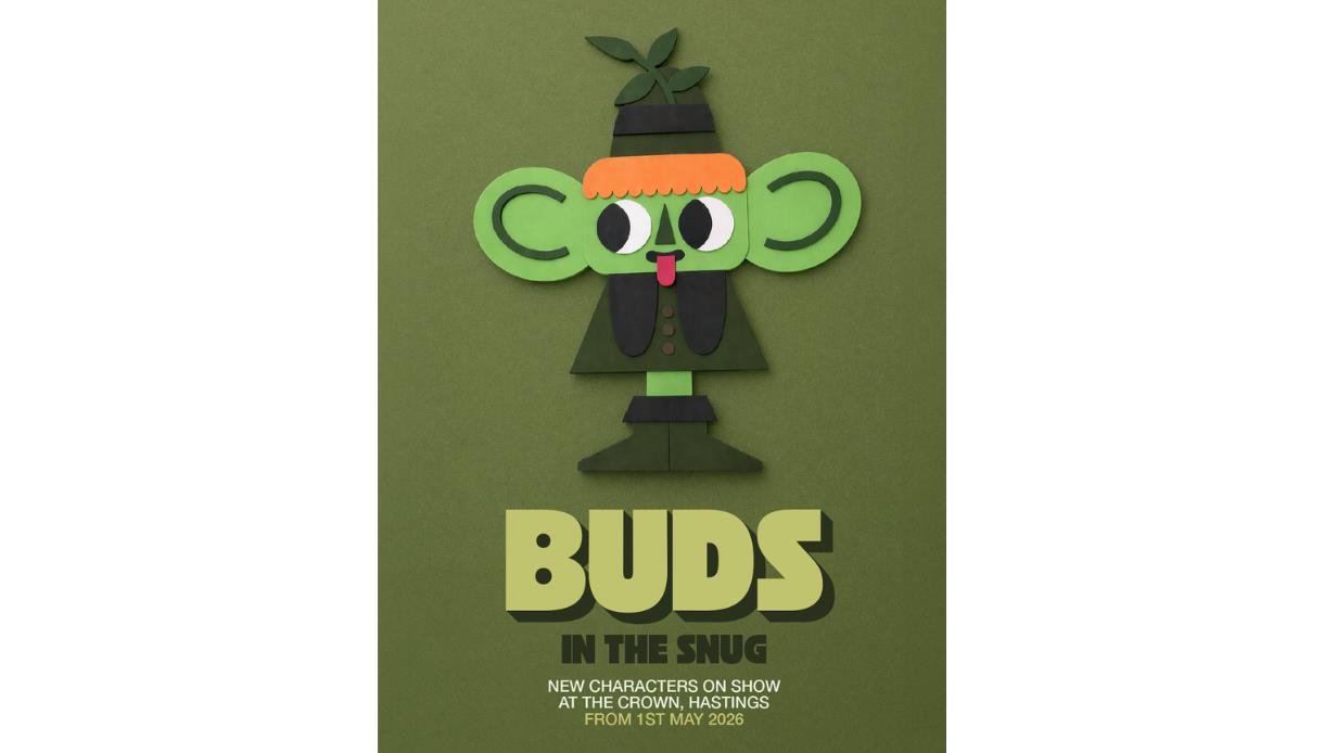 Green paper-cut style character with large ears and leaf hat above text: “Buds in the Snug” on olive background.