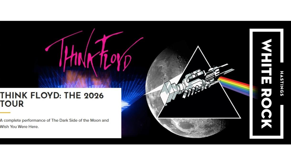 Promotional banner for Think Floyd: The 2026 Tour, featuring a Dark Side of the Moon-style prism, moon imagery and White Rock logo