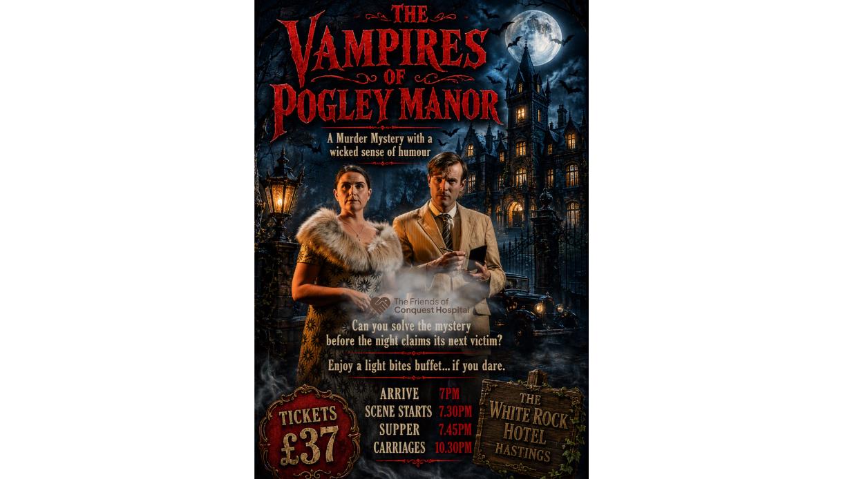Poster for The Vampires of Pogley Manor, a murder mystery event set outside a gothic manor under a full moon.
