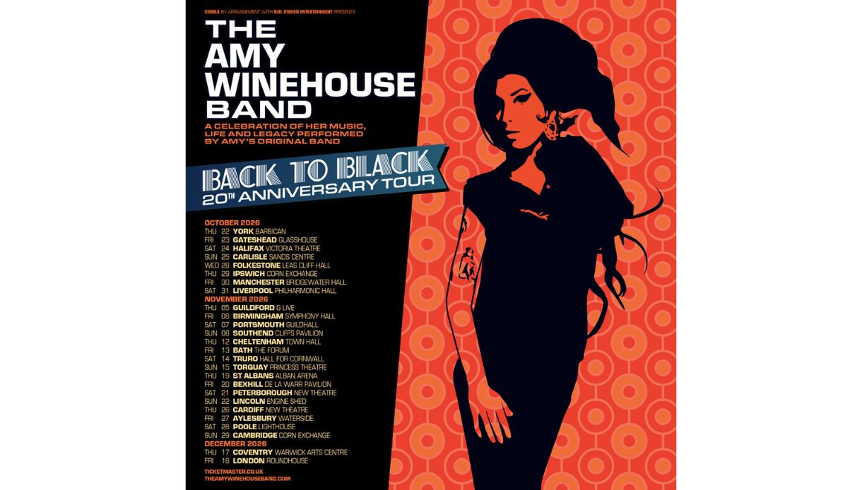 Poster for The Amy Winehouse Band “Back to Black” 20th anniversary tour with stylised silhouette and UK dates on patterned background.