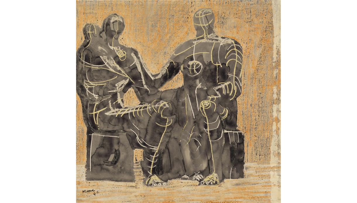 Abstract figures in dark tones with linear markings, Moore/Freud exhibition at Hastings Contemporary.
