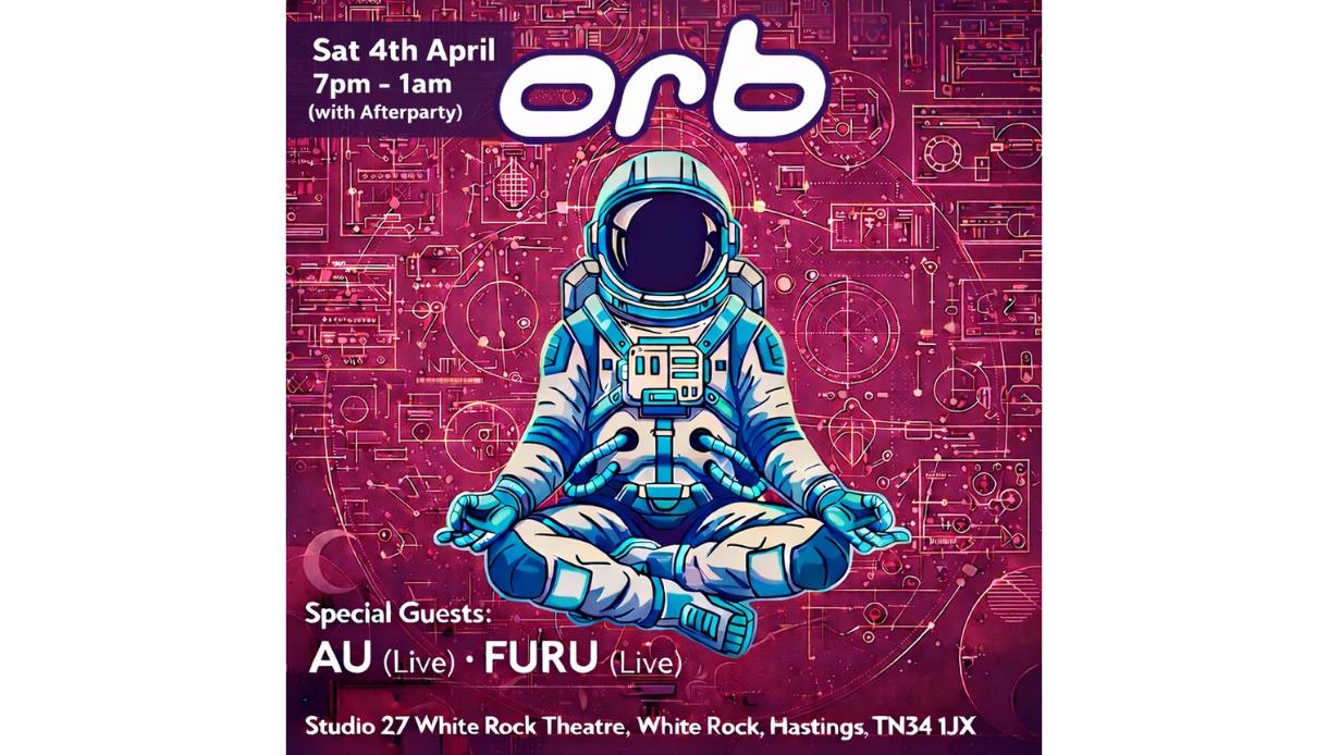 Poster for Orb event featuring a meditating astronaut illustration against a detailed futuristic circuit background.