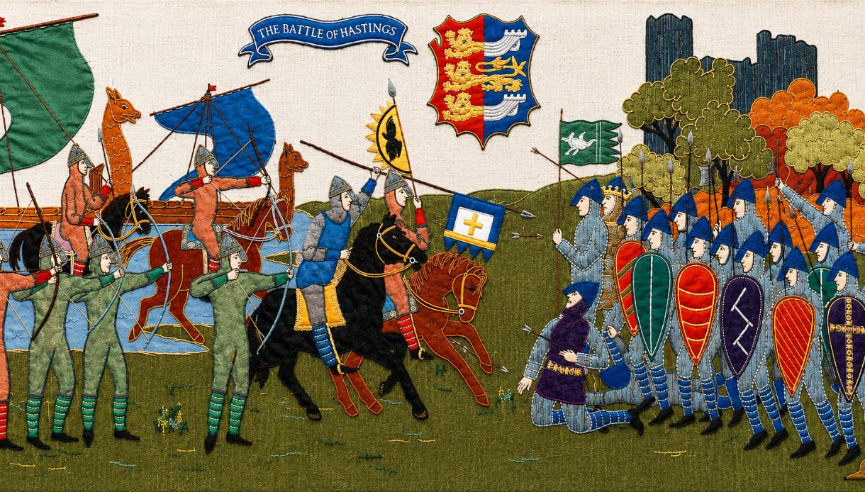 Hastings Embroidery depicting the Battle of Hastings, with Norman ships, mounted knights and shield-bearing soldiers in battle